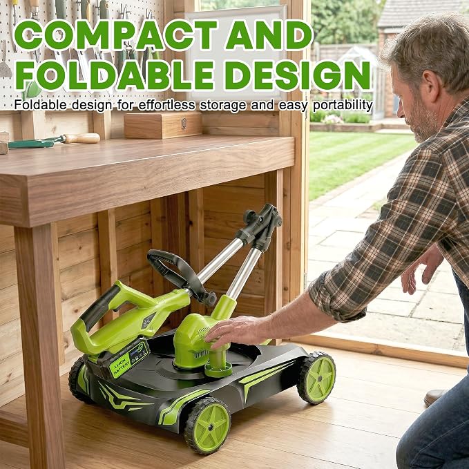 4-in-1 Electric Small Lawn Mower with Detachable Wheeled Base, 3 Position Cutting Height, Cordless Mini Push Mower Battery Powered for Garden/Yard/Farm, Gardening Gifts for Parents, Seniors, Women