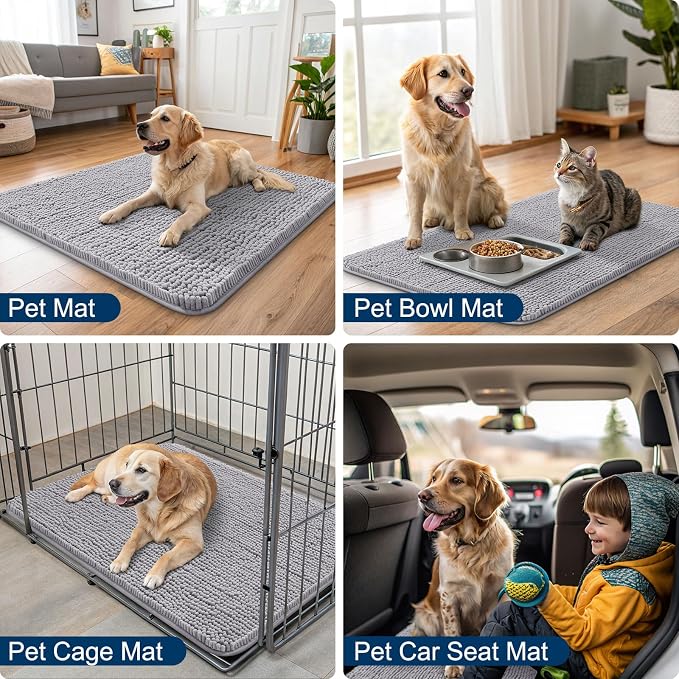 Smiry Dog Door Mat for Muddy Paws 54x32, Absorbent Dirt Trapper, Non-Slip Washable Chenille Entryway Rug for Inside Floor, Light Grey, Classic Solid