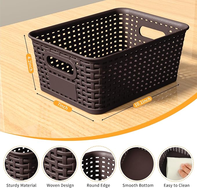 8 Pack Plastic Storage Baskets,Brown Stackable Storage Bins | 5.3qt Storage Containers with Labels for Organizing Shelves Drawers Desktop Closet Playroom Classroom Office