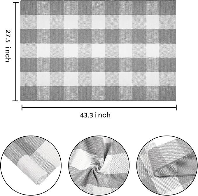 Grey and White Plaid Rug 27.5''x 43.3''Buffalo Checkered Outdoor Layered Door Mat Cotton Woven Machine Washable Farmhouse Mat for Indoor,Outdoor, Kitchen, Farmhouse, Entryway,Bathroom