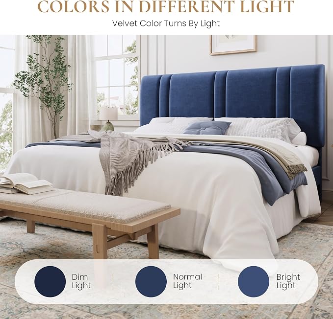 SHA CERLIN King Size Velvet Bed Frame with Adjustable Headboard, Blue | Vertical Channel Tufted Design, Upholstered Platform Bed, Wood Slats Support/No Box Spring Needed/Easy Assembly