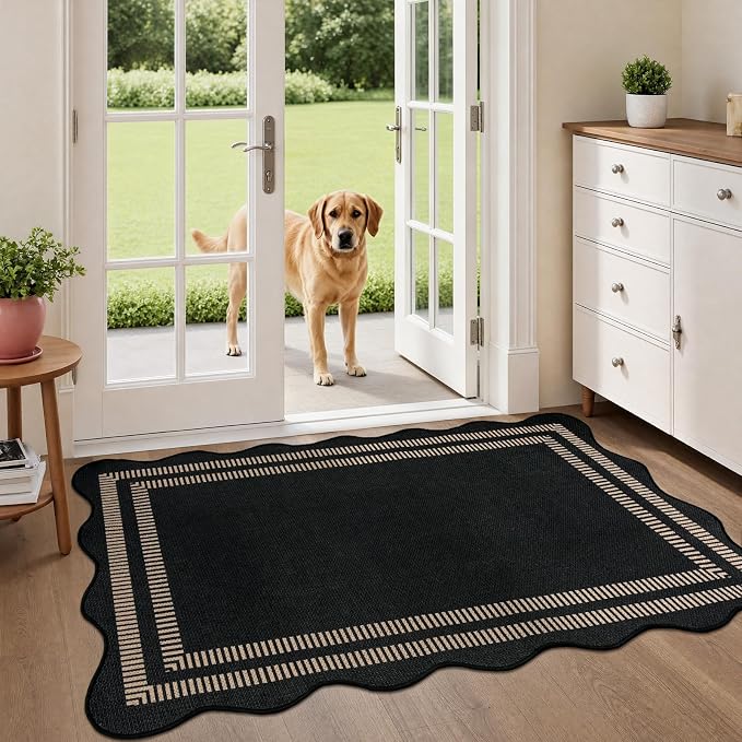 EDIMENS Scalloped Easy Jute 3x5 Outdoor Rug, Washable Non-Slip Geometric Black Rugs for Entryway, Indoor Outdoor Farmhouse Rug Modern Carpet Door Mat Area Rug for Patio Living Room Porch Kitchen