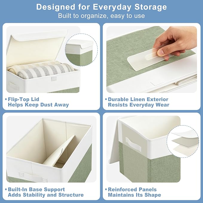 Bagnizer Large 22 Quart Linen Fabric Foldable Storage Bin Cube Organizer Basket with Flip-Top Lid & Handles, Clothes Blanket Box for Home, Office, Closet, Green & White, 4 Pack 14.6 x 9.5 x 9.5