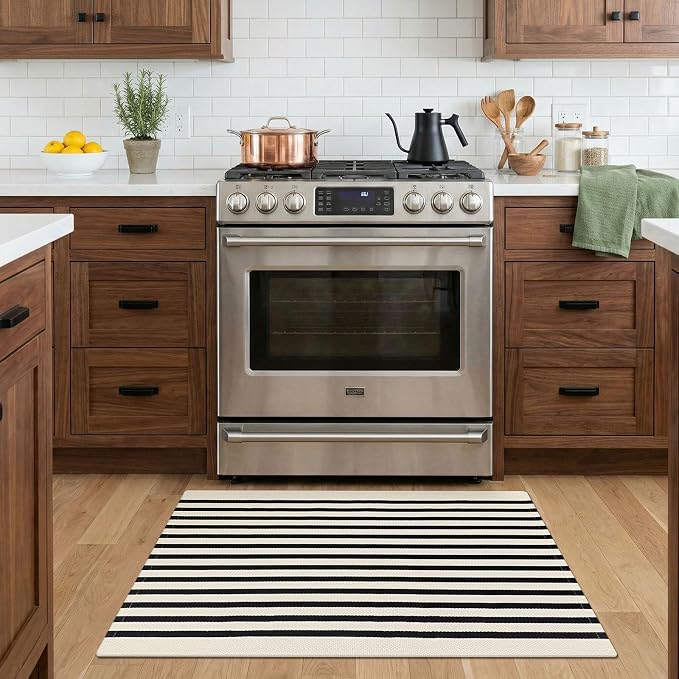 KOZYFLY Striped Rug 2x3 ft Beige and Black Stripes Doormat Cotton Woven Washable Indoor Outdoor Rug Front Door Mat for Entryway Porch Kitchen Patio Decor Small Area Rugs