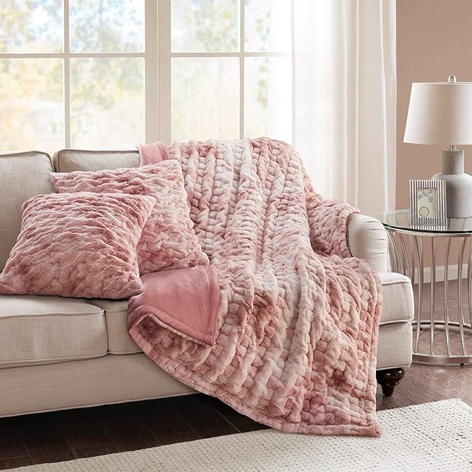Comfort Spaces Ruched Throw Set Faux Fur Blanket, 50 x 60, Blush Tie Dye | Ultra Soft, Cozy Warmth for Sofa or Bed, Plush, OEKO-TEX Certified
