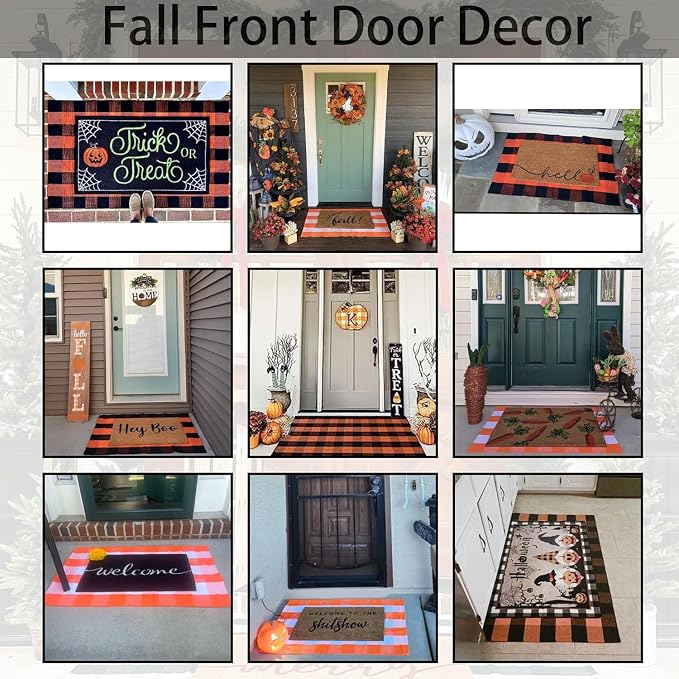 Orange and Black Plaid Rug, 24'' x 51'' Fall Outdoor Front Door Decor Mat, Cotton Washable Hand-Woven Rug for Layered Doormat, Autumn Halloween Thanksgiving Carpet for Porch, Entryway