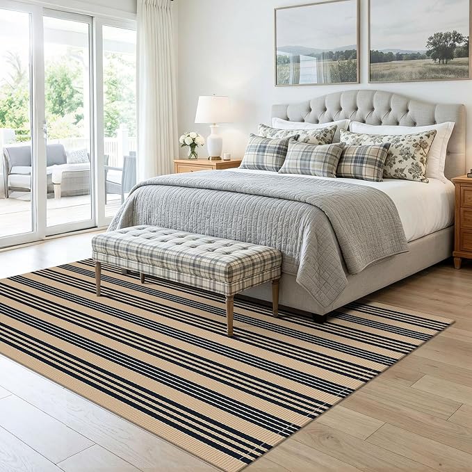 KOZYFLY 5x7 ft Area Rug Brown and Black Striped Living Room Rug Woven Washable Cotton Farmhouse Indoor Outdoor Rugs for Porch Patio Bedroom Dining Room Carpet