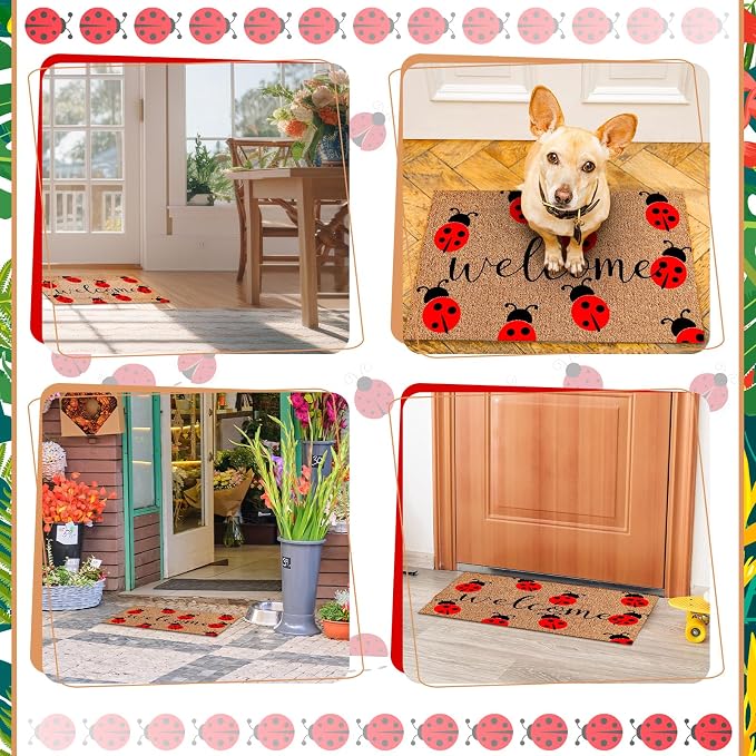 Ceenna Summer Ladybug Welcome Doormat Outdoor Ladybug Coir Rug with Non Slip Backing Summer Doormat Front Porch Rugs for Home Entrance Anniversary, 16 x 28 Inches