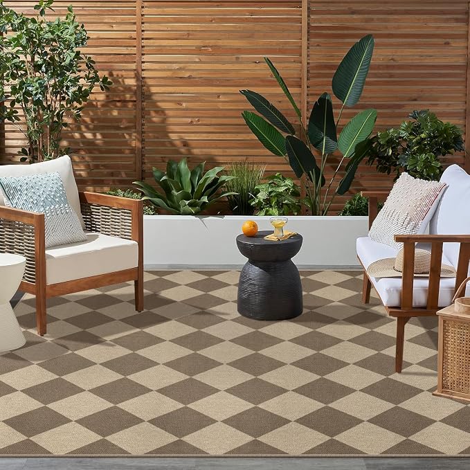 Rugalia Easy Jute 5x7 Outdoor Patio Rug, Washable Brown Checkered Rugs for Living Room, Non-Slip Farmhouse Diamond Outdoor Mat Neutral Abstract Floor Carpet for Patio Dining Room Backyard