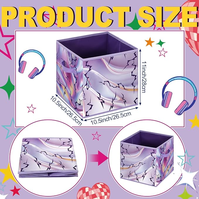 Bokon 2 Pcs Kpop Party Favors 11 Inch Storage Bins Fabric Foldable Storage Basket with Handles Organizing Boxes for Kpop Disco Dance Music Party Decorations