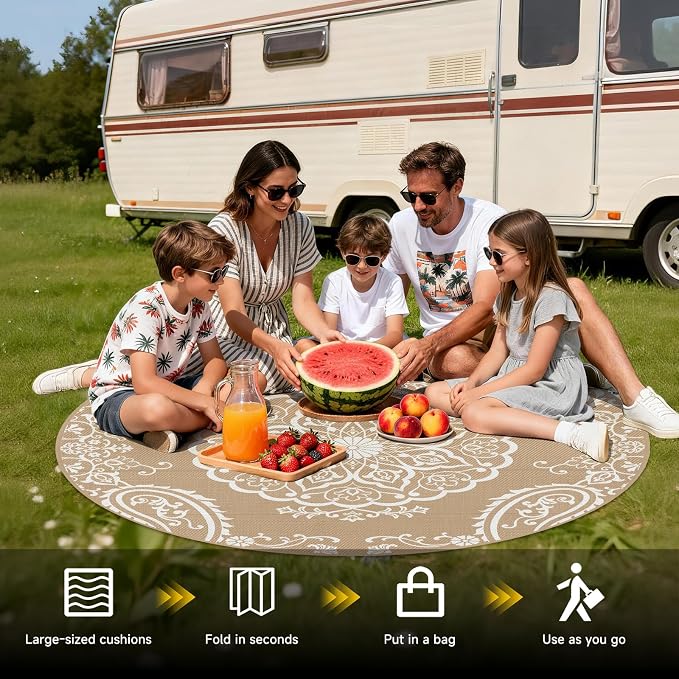 Pauwer Outdoor Rug 6ft, Waterproof Plastic Straw Camping Rug, Boho Brown | Reversible Patio Rug, UV Resistant Indoor Outdoor RV Mat Carpet For Deck, Camper, Porch, Balcony, Backyard, Picnic, Foldable