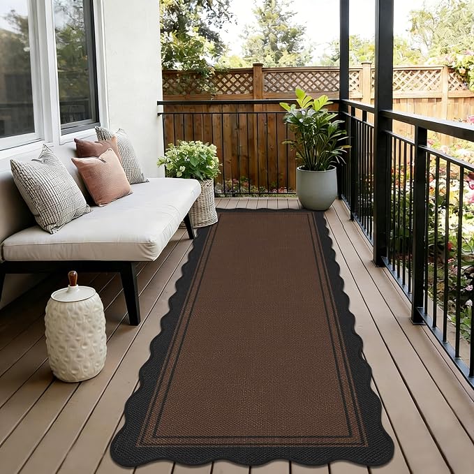 Easy Jute Kitchen Runner 2x6 Kitchen Runner Rug Washable Non Slip Outdoor Rug for Entryway Farmhouse Neutral Low Pile Scalloped Carpet for Hallyway Proch Doorway