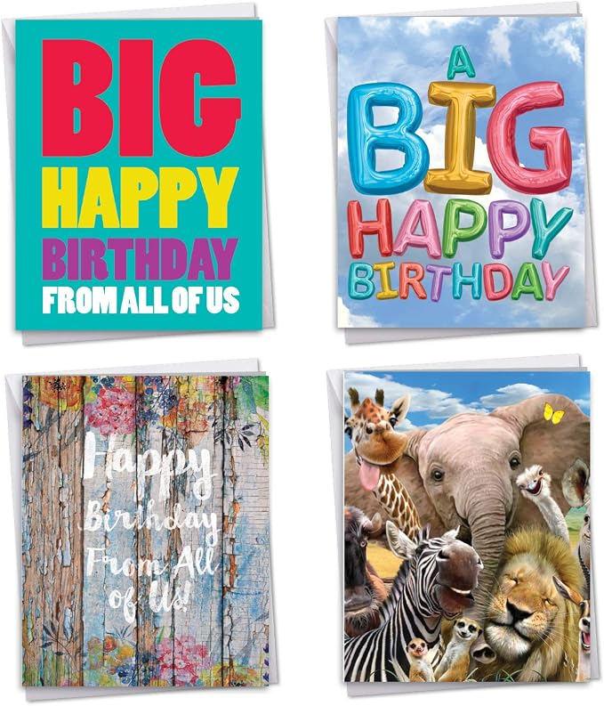 The Best Card Company - 4 Birthday Cards Bulk Bundle (8.5 x 11 Inch) - Jumbo Greeting Cards w/Envelopes - From a Group