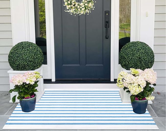 Striped Area Rug 27.5"x43",Light Blue and White Farmhouse Front Porch Rug Cotton Woven Washable Entryway Rug Indoor Outdoor Front Door Mat for Porch/Entryway/Home Entrance Decor