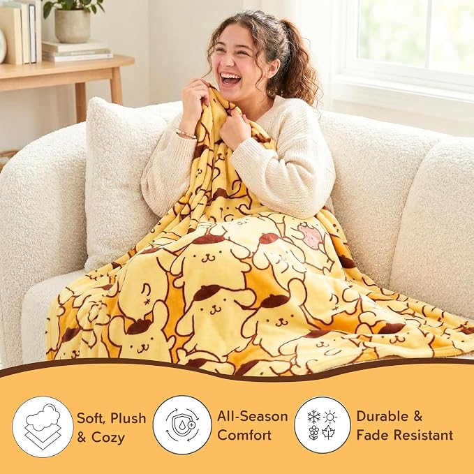 Sanrio Pompompurin Bedding Plush Blanket 90 in x 62 in – Soft Cozy Kawaii Throw for Couch, Bed & Travel, Collectible Gift (Officially Licensed Product) by Franco Collectibles®