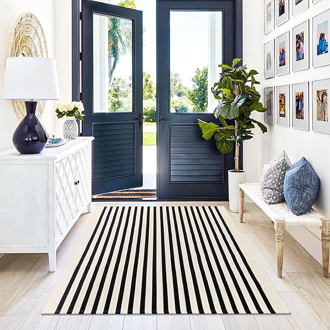 KILOCOCO Beige Striped Rug 4x6 Indoor Outdoor Rugs Washable Front Door Rugs | Cotton Front Porch Rug, Woven Living Room Rug, Low Pile Welcome Mat for Entryway, Layered Farmhouse Kitchen Patio Carpet