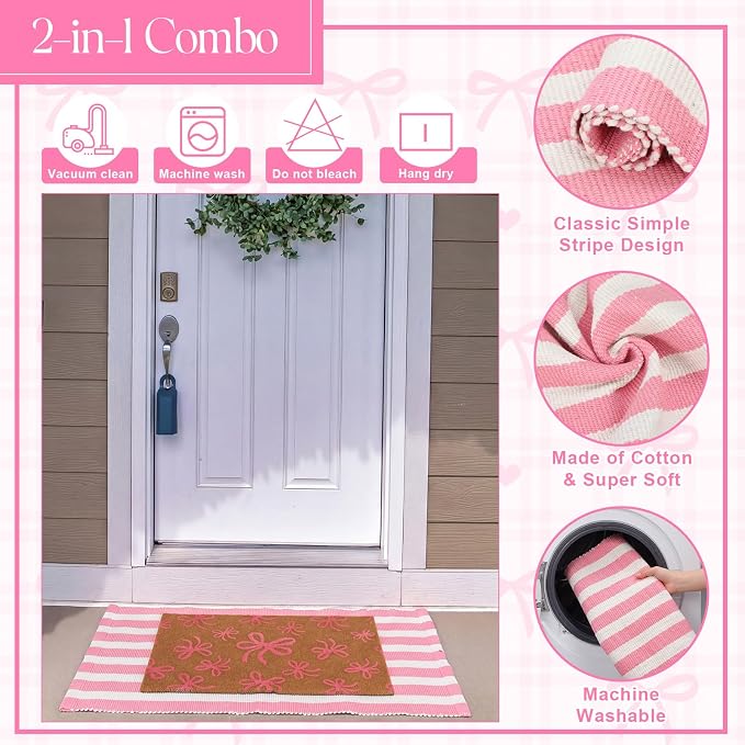 2 Pcs Outdoor Door Mat Combo Set Layered Outdoor Rug and Coir Welcome Doormat Non Slip Outside Floor Mat for Front Porch Entryway Patio Yard Decor(Light Pink Bow,24'' X 35'',24'' X 16'')
