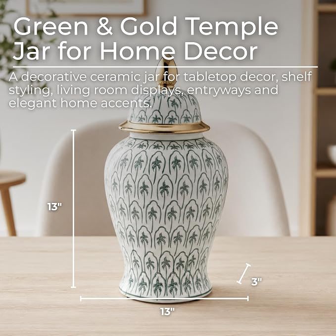 18" Temple Jar with Lid - Ceramic White, Green and Gold Palm Tree Decorative Stoneware for Home, Office, Gift Idea