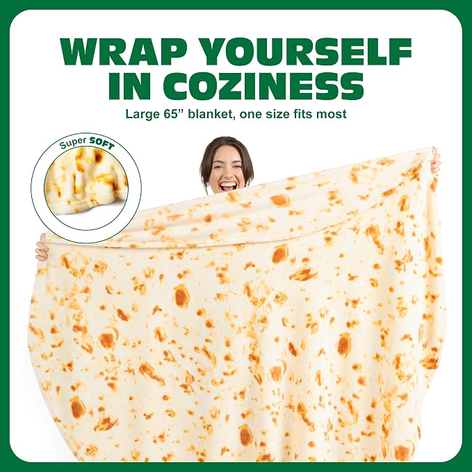 Cozy Concepts Co. Burrito Comfort Blanket by Relatable, Looks Like a Giant Tortilla to Wrap Yourself Up Like a Burrito, Great for Dorm Decor or Back to School Gifts, Large Size 65” Throw Blanket