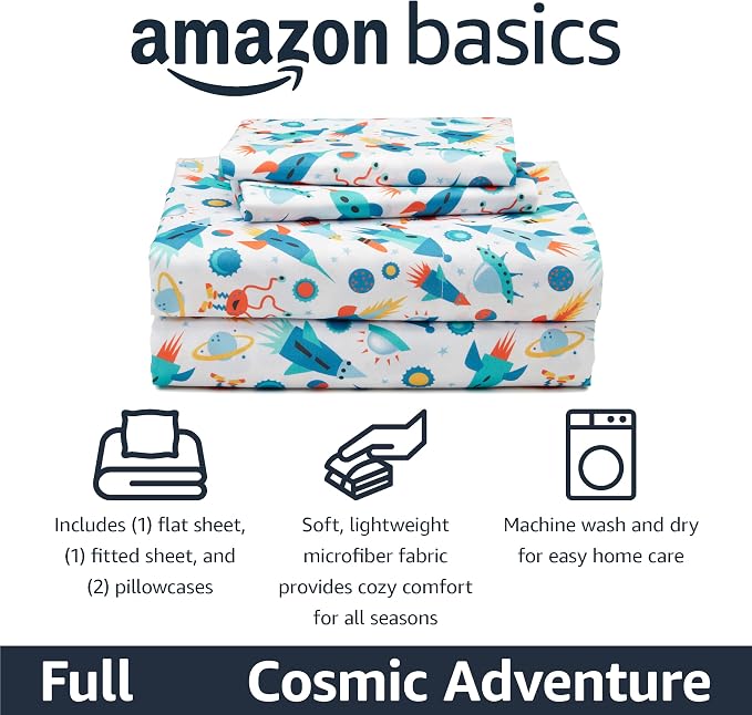 Amazon Basics Kid's Soft Easy-Wash Microfiber 4-Piece Sheet Set with Pillowcase, Full, Cosmic Adventure