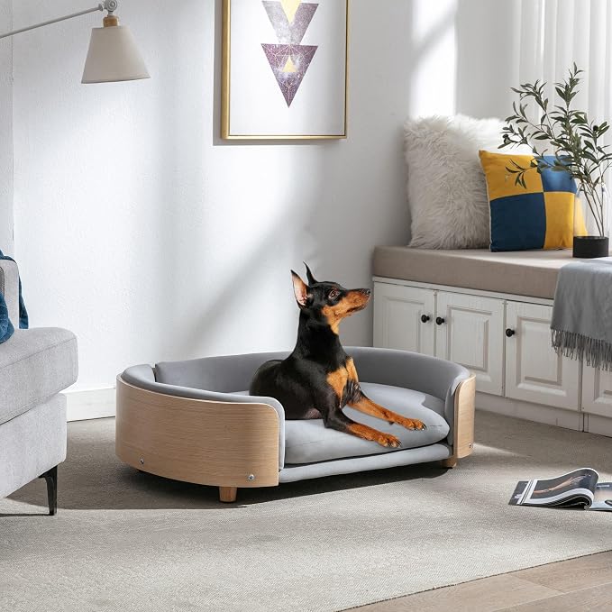 Scandinavian Style Elevated Dog Bed Pet Sofa with Solid Wood Legs and Bent Wood Back, Velvet Cushion, Large Size, Natural Frame & Light Grey Cushion