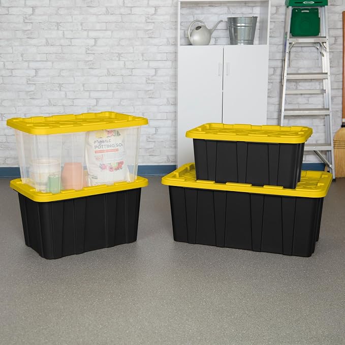 Sterilite Industrial Storage Tote with Lids for Garage, 27 Gallon, 16-Pack | Heavy-Duty and Stackable Utility Box Containers for Home, Office, and Basement Organization, Yellow