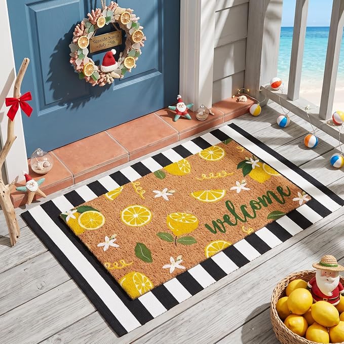 Moucuny 2 Pcs Lemon Coir Doormat Outdoor Summer Lemon Welcome Mats for Front Door 24'' x 35'' Black and White Striped Outdoor Rug 16'' x 28'' Layering Non Slip Summer Welcome Mat for Porch Front Decor