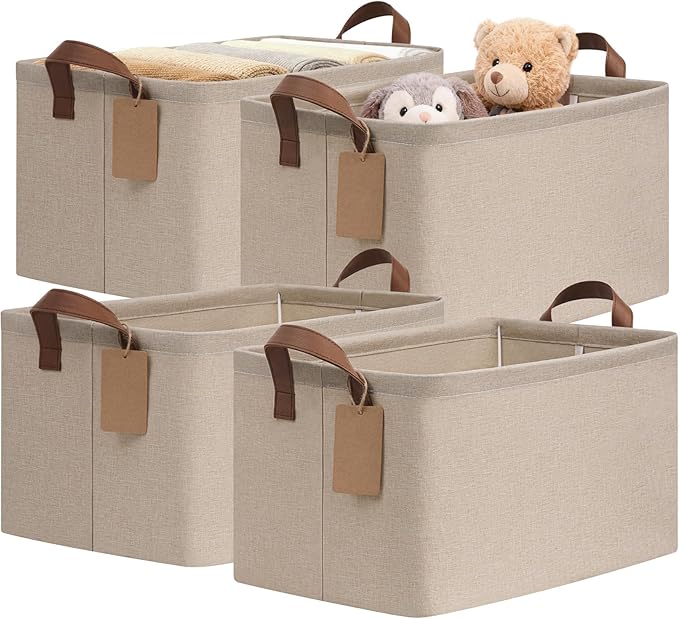 CHICVITA 4 Pack Large Shelf Storage Baskets with Metal Frame, Brown | 16.8 × 11 × 9.8 in, Reinforced Handles, Collapsible Design, Closet Organization, Towels, Blankets & Linens Storage