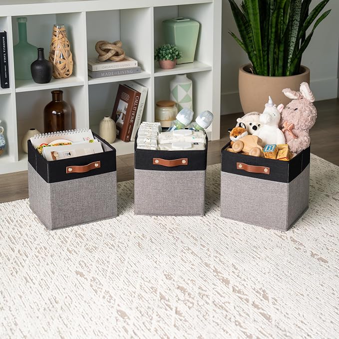 OrganiHaus 11x11 Cube Storage Bins, Set of 4 - Fabric Storage Cubes | Sturdy, holds its shape; odor-free; fits ClosetMaid 11-inch shelves; vegan leather handles