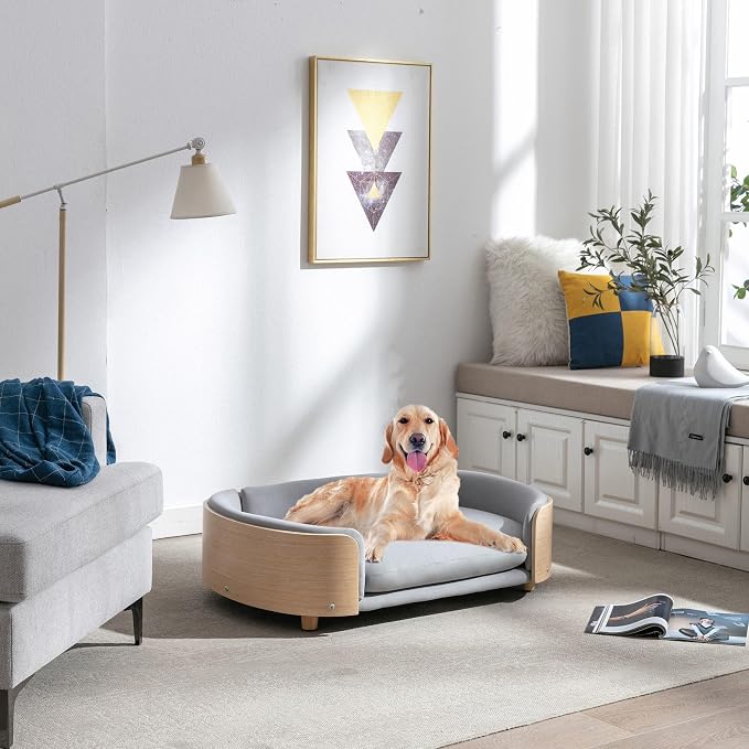 Scandinavian Style Elevated Dog Bed Pet Sofa with Solid Wood Legs and Bent Wood Back, Velvet Cushion, Large Size, Natural Frame & Light Grey Cushion