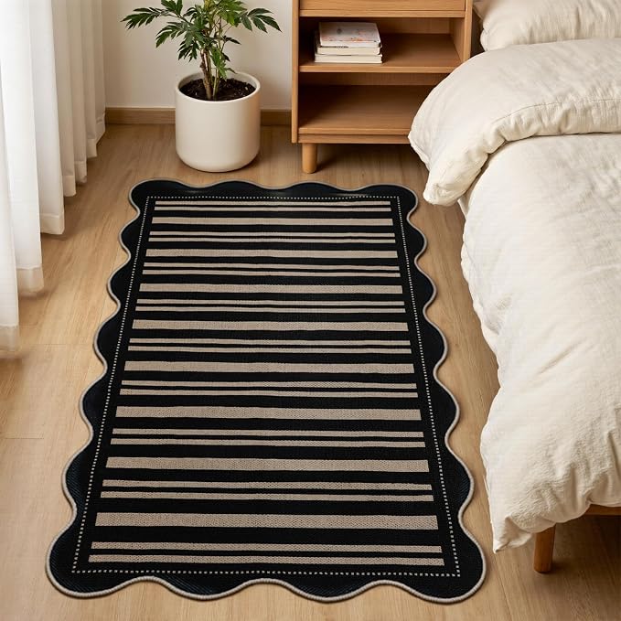 EDIMENS Scalloped Outdoor Rug 3x5 Jute Front Porch Patio Entry Entryway Rug | Striped Front Door Mat Small Non-Slip Washable Area Rug Carpet Low Pile Black Indoor Farmhouse Doormat for Entrance Doorway