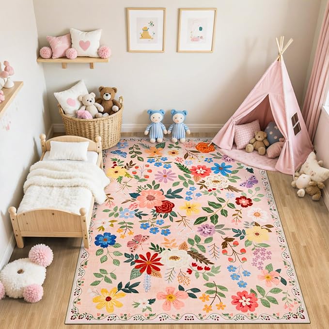 Area Rug Living Room Rugs: Floral 5x7 Washable Rug Vintage Soft Boho Non-Slip Carpet Indoor Floor Stain Resistant Large Carpets for Bedroom Dining Room Farmhouse Nursery Hallway Home Office Beige