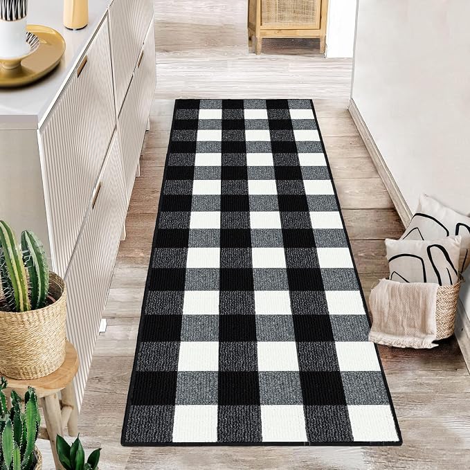 FONEYI Buffalo Plaid Outdoor Rug for Front Door Mats, 2'x6' Black and White Checkered Layered Door Mat with Non Slip Backing, Washable Entryway Rug for Porch, Front Porch and Farmhouse Decor