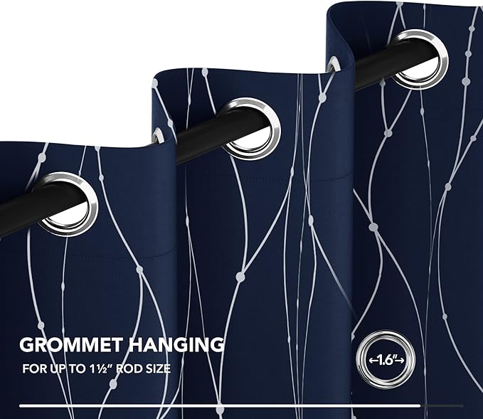 Deconovo Blackout Curtains 54 Inch Length for Kitchen, Navy Blue Curtain, Thermal Insulated Soundproof Privacy Curtain with Silver Wave Dot Print, Machine Washable Panel for Small Windows Nursery Home
