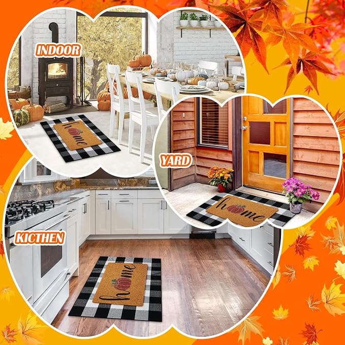 Geelin 2 Pcs Fall Front Door Mat Welcome Mat Outdoor Decorative Doormat Non Slip Buffalo Checkered Rug for Indoor Outdoor(Home Pumpkin)