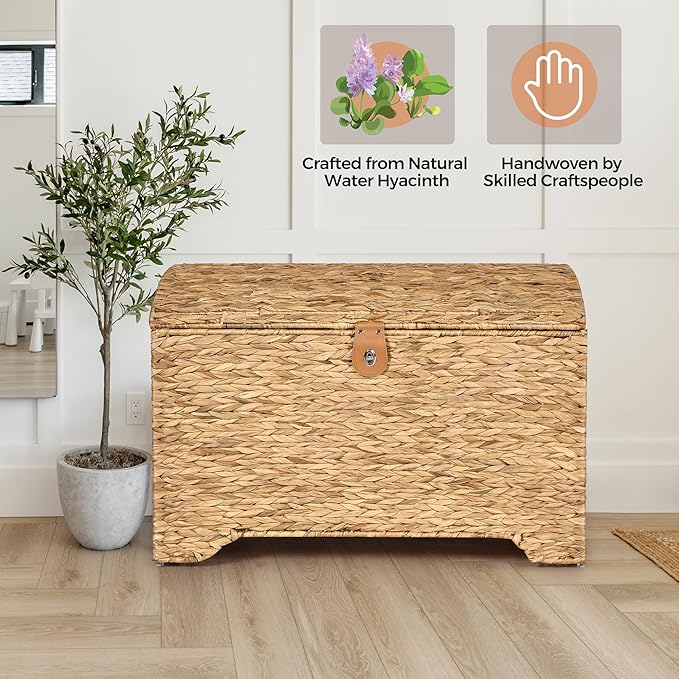 Honjourai Handwoven Storage Basket with Lid, 178L Wicker Storage Trunk | Natural Water Hyacinth Storage Chest, Leather Buckle, Metal Frame, Metal Ring Handles for Easy Transport