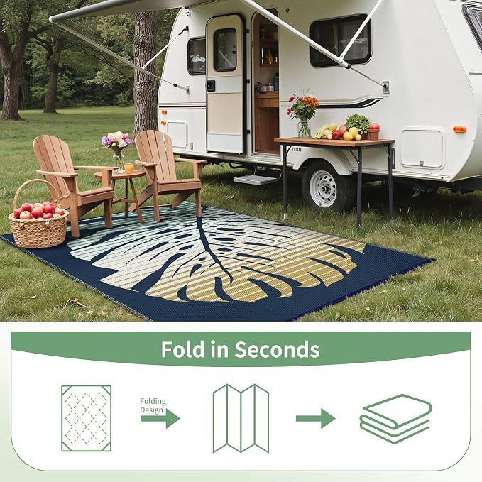 GENIMO Outdoor Rug, Waterproof Plastic Rugs for Patio, 6'x9' Yellow Blue | Outside Larger Leaf Carpet Mat for Porch Decor, Deck, Balcony, Camping, RV, Backyard, Picnic, Beach, Reversible, Foldable