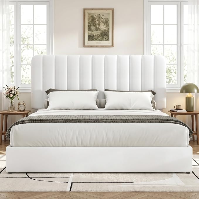 VECELO Full Size Upholstered Bed Frame with 4 Drawers and Headboard, Velvet Platform Storage Bedframe, Wooden Slats Support, No Box Spring Needed,Snow-White