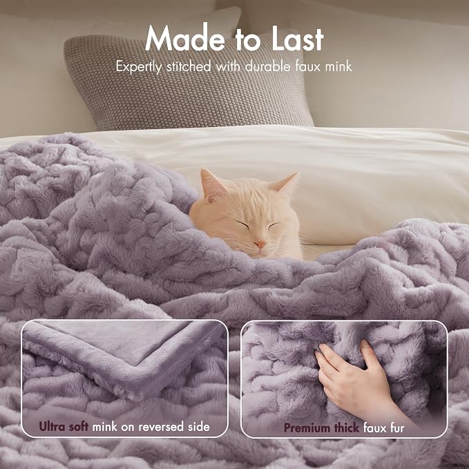 Madison Park Ruched Faux Fur Luxury Throw Lavender 50*60 Premium Soft Cozy Brushed Long Faux Fur For Bed, Coach or Sofa | Luxury, Premium, Soft Cozy Brushed Long Pile, All Season Plush Modern OEKO- TEX Certification Warm For Bed, Couch or Sofa