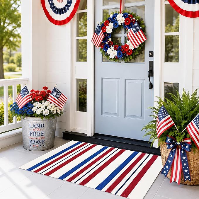 4th of July Door Mat Rug 28"x43", Patriotic Outdoor Rug for Front Porch, Red White and Blue Striped Layering Mat, Patriotic Door Mat for Indoor Outdoor Entryway Farmhouse Decor