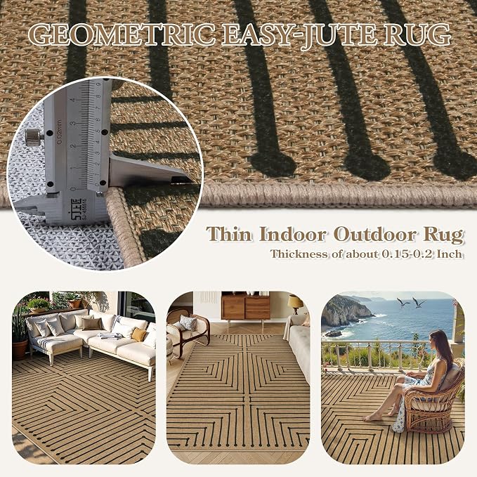 Lahome Tan Rug for Living Room,Geometric 8x10 Washable Nature Easy Jute Rug | Farmhouse Rhombus Non Slip Non Shedding Indoor Outdoor Carpet for Backyard Deck Office Classroom Decor