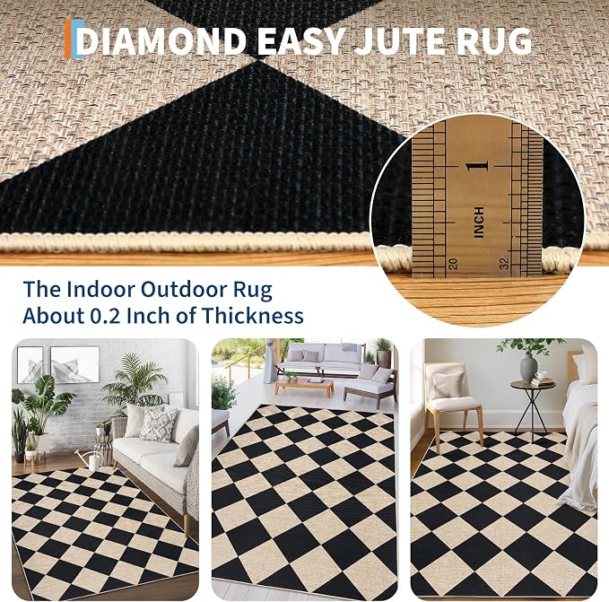GarveeHome Checkered Easy Jute Area Rug 10x13 Machine Washable Non-Slip Stain Resistant Indoor Outdoor Rugs for Living Room, Bedroom, Kitchen, Dining, Patio Farmhouse Style Black