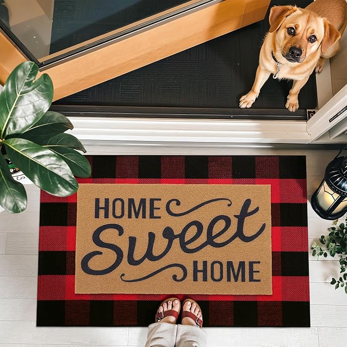 OLANLY Buffalo Plaid Rug 3' x 5' – Red and Black Cotton Checkered Doormat, Washable Indoor Outdoor Rug for Layered Front Porch, Kitchen, Entryway Decor