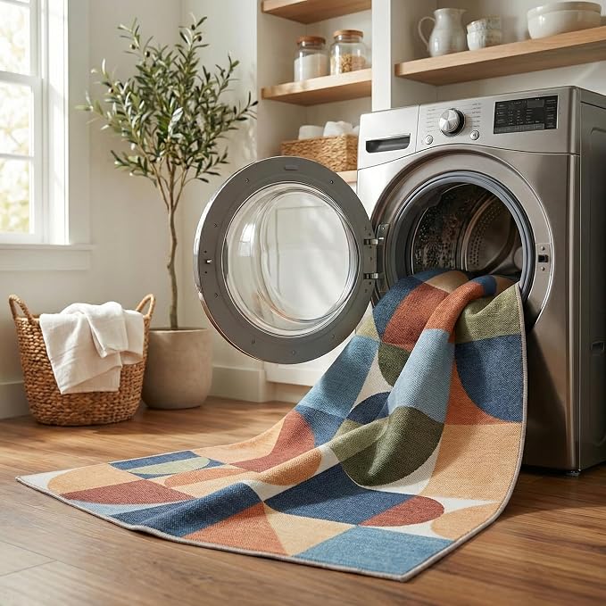 ReaLife Rugs Machine Washable Indoor Outdoor - Mat Rug Foldable Printed Thin Lightweight Cushioned Fade Resistant Patio Deck Dock Porch Pool Balcony Camping - Naya - Blue Red Green 5' x 7'