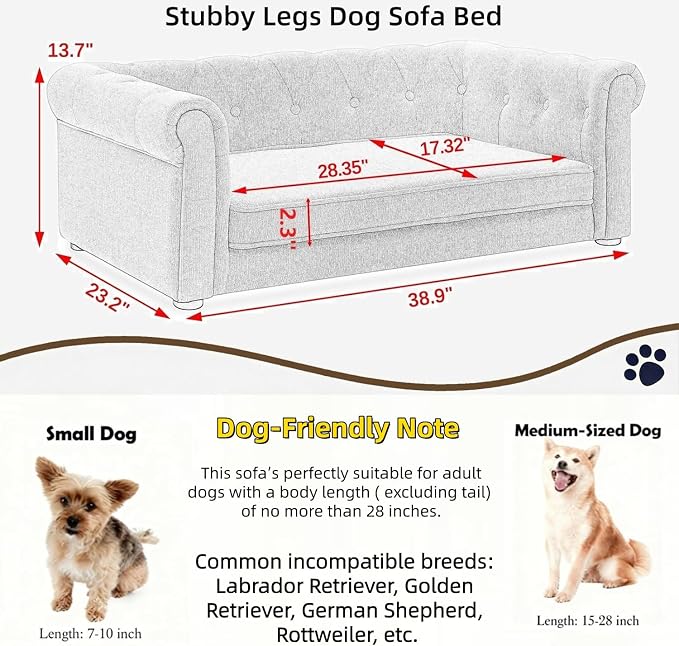 39" Dog Sofa Couch Bed for Small, Medium, Large Dogs,Memory Foam Pet Sofa with Removable Cover, Comfortable Pet Couch with Backrest and Armrests, Easy to Clean and Maintain（Beige）