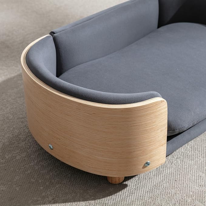 Scandinavian Style Elevated Dog Bed Pet Sofa with Solid Wood Legs and Bent Wood Back, Velvet Cushion, Small Size, Natural Frame & Dark Grey Cushion