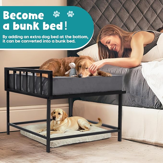 BALAPET Stable Beside Dog Bed and Mattress Set, Beside Dog Bunk Beds for Large Dogs,Metal Bed Frame with Removable Cushion,Dogs Bed Attachment to Human Bed for Small, Medium & Large Breeds(Medium)