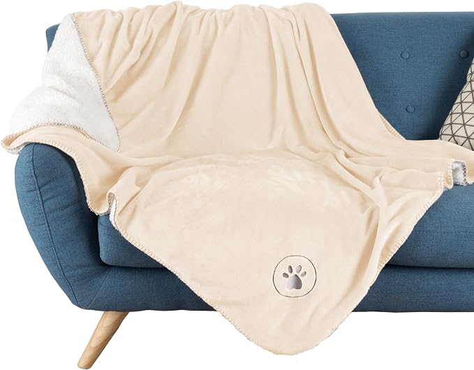 Waterproof Pet Blanket - 50x60-Inch Reversible Sherpa Fleece Throw Protects Couches, Cars, and Beds from Spills, Stains, and Fur by PETMAKER (Cream)