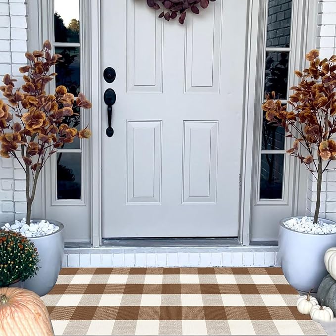 Buffalo Plaid Outdoor Rugs, 2'x4'3'' Brown and White Checkered Indoor/Outdoor Area Rug, Layering Rug for Hello/Welcome Door Mat, Washable Cotton Woven Farmhouse Mat for Fall Front Porch Décor