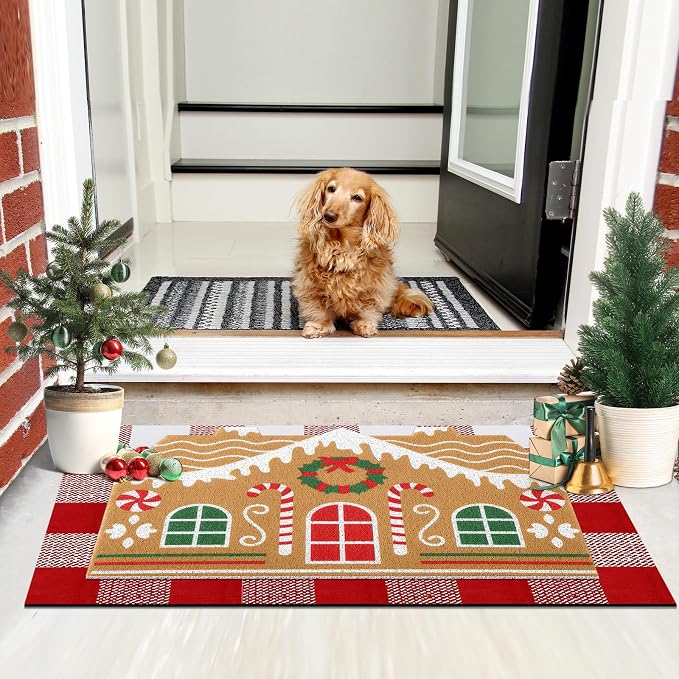 Tinideya 2 Pcs Door Mat Welcome Non Slip Coir Mats Floor Layering Doormats Seasonal for Front Porch Entryway Decor(Gingerbread House)